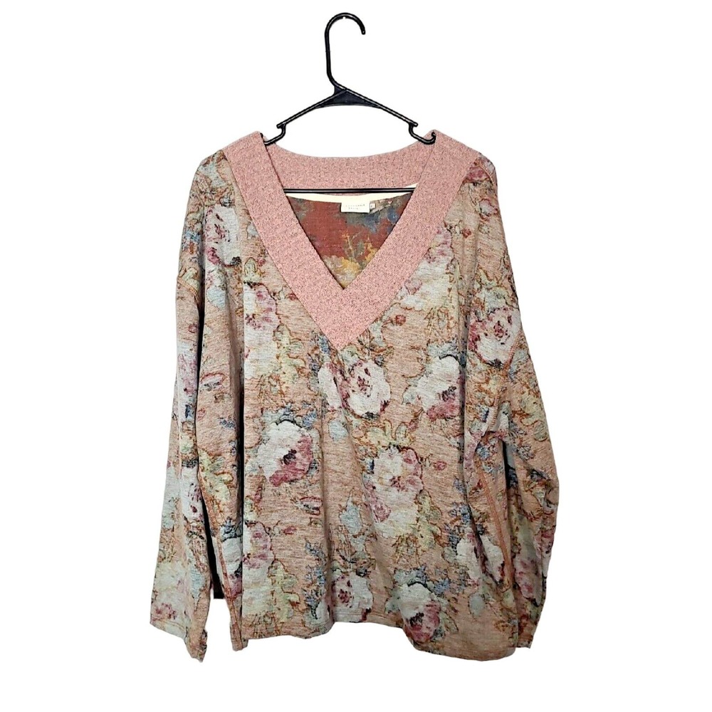 Crescent Drive Tan Floral Print V-Neck Long Sleeve Casual Top Womans Size 3x